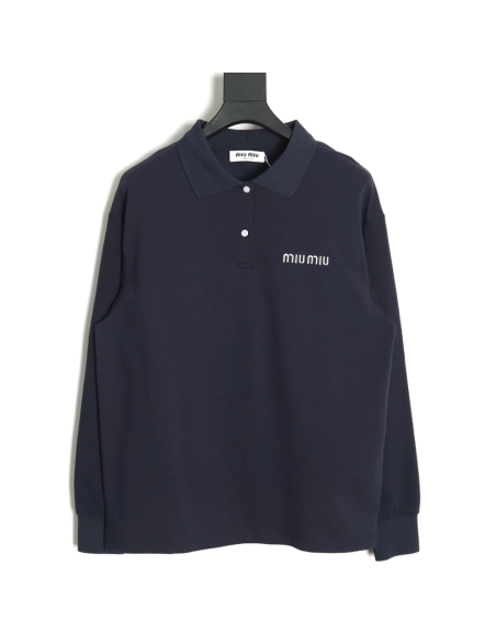 Miu Miu Lettering Embroidered Lapel Long Sleeve T-Shirt,Miu Miu