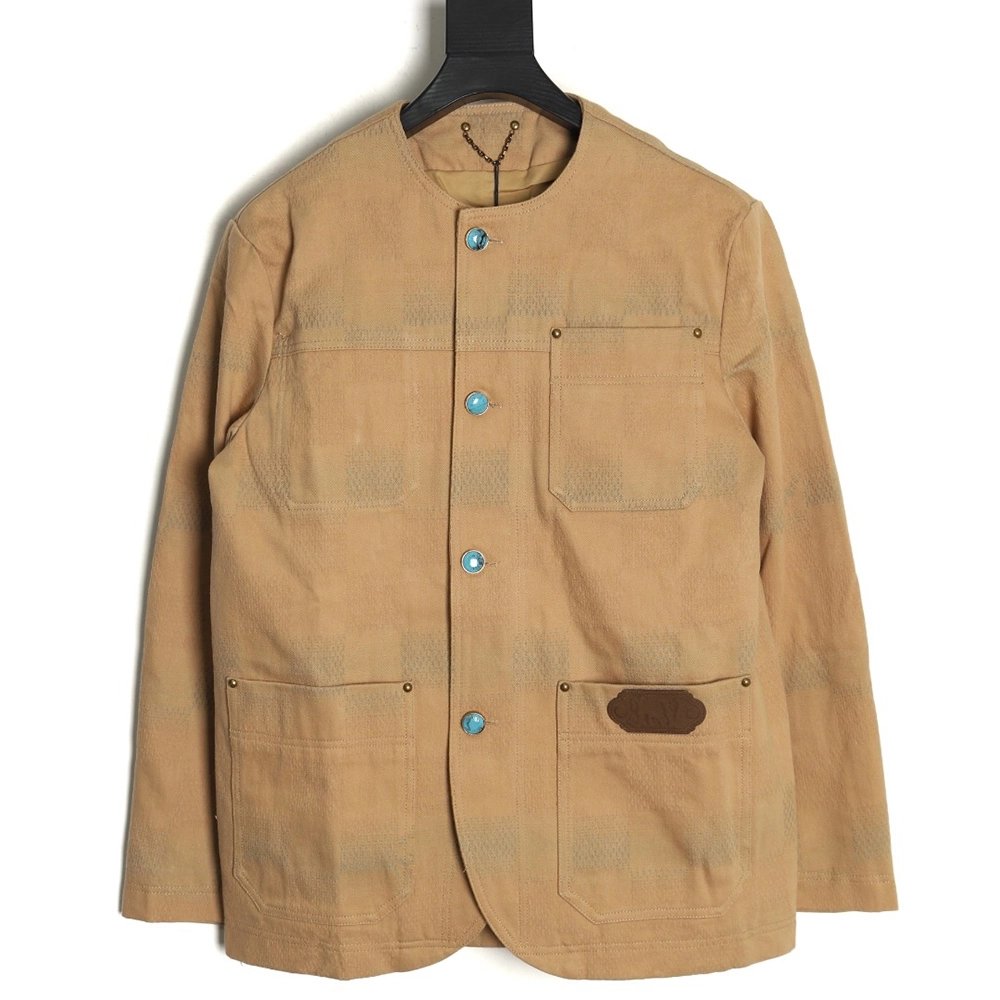 Louis Vuitton Pharrell joint embroidered turquoise checkerboard denim jacket,Louis Vuitton