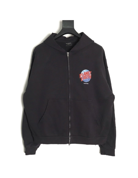 Balenciaga Jacket,Jacket,Clothing,Buy Cheap Discount Balenciaga globe pattern printed distressed zipper jacket