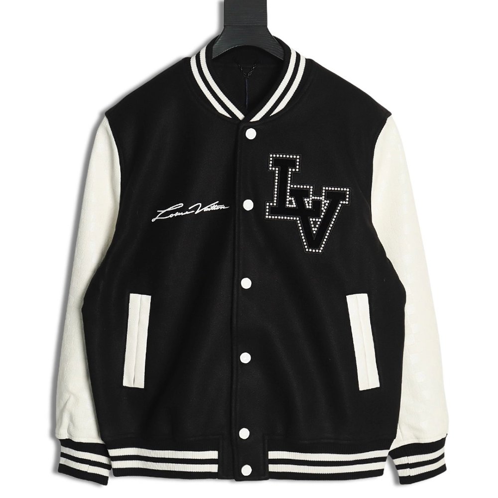 Louis Vuitton pearl embroidered lettering baseball jersey,Louis Vuitton Jacket,Jacket,APPAREL Clothing