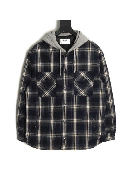 Celine checked cashmere hooded coat,Celine Jacket,Jacket,APPAREL Clothing