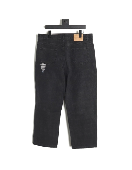 Stussy Black Eight Embroidered Washed Jeans,Stussy Jeans,CASUAL PANTS,Buy cheap clothing haul France