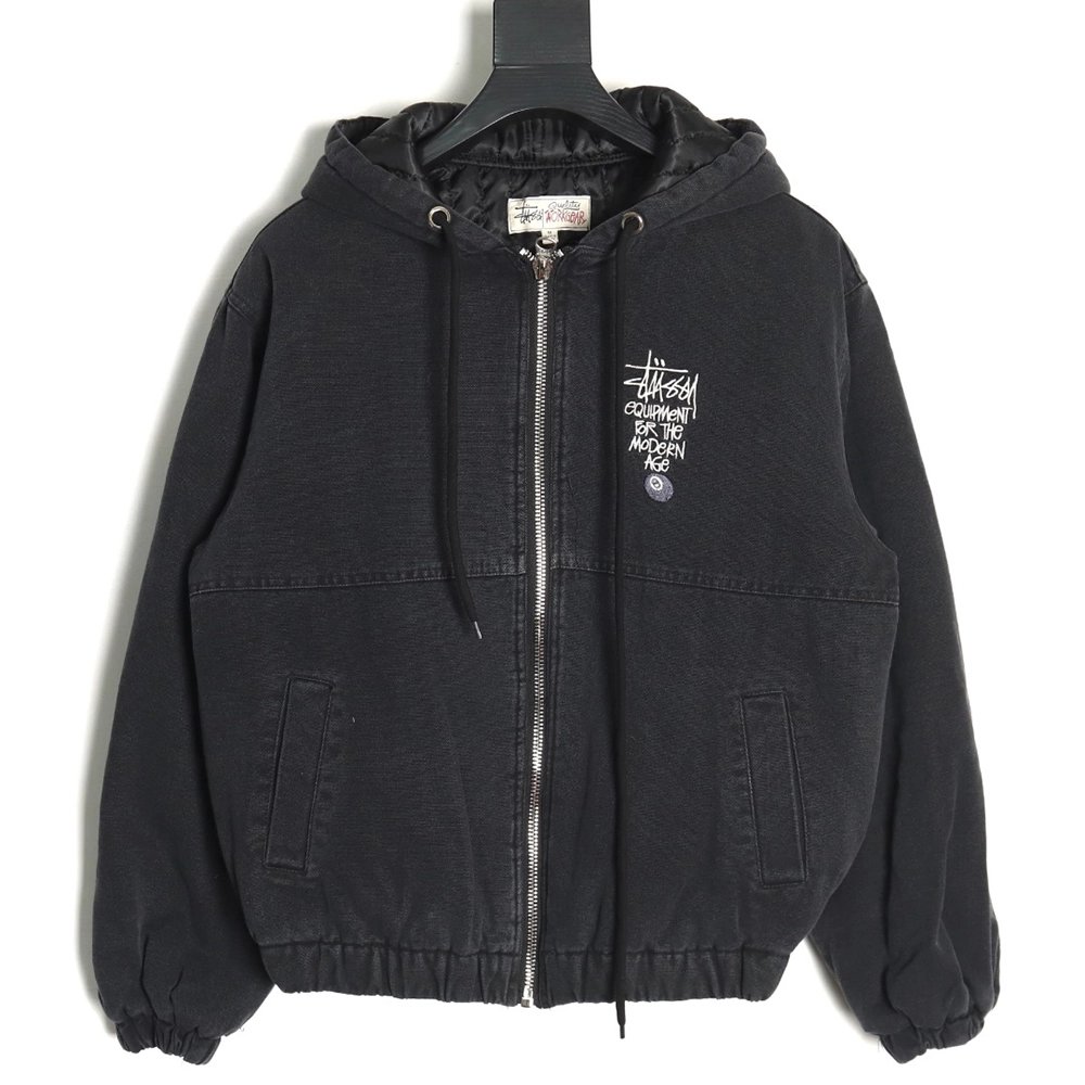 Stussy distressed letters embroidery black 8 hooded cotton coat,Stussy Jacket,Jacket,Buy cheap clothing haul France