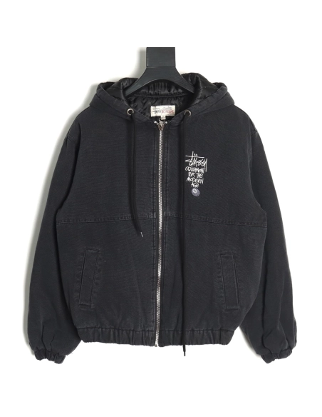 Stussy distressed letters embroidery black 8 hooded cotton coat,Stussy Jacket,Jacket,Buy cheap clothing haul France
