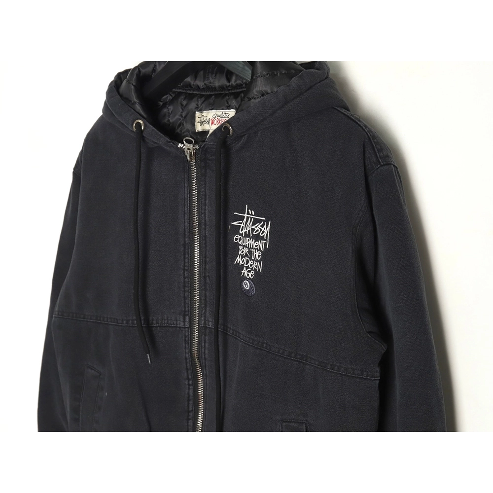 Stussy distressed letters embroidery black 8 hooded cotton coat,Stussy Jacket,Jacket,Buy cheap clothing haul France