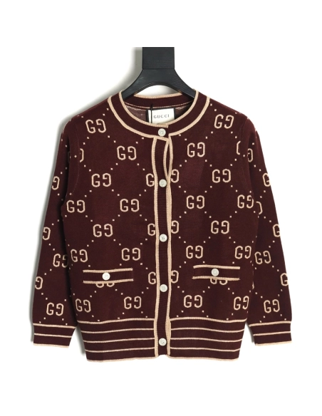 Gucci Double G Jacquard Crew Neck Cardigan Sweater,Gucci,GUC-22241215