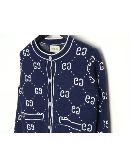 Gucci Double G Jacquard Crew Neck Cardigan Sweater,Gucci,GUC-23241215