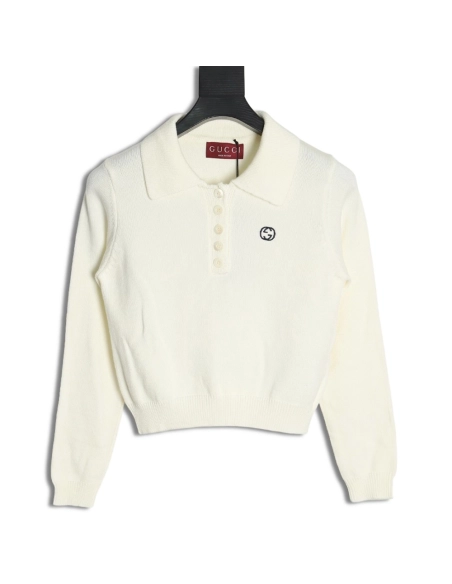 Gucci Double G embroidered lapel halfbreasted wool knit sweater,Gucci,GUC-24241215