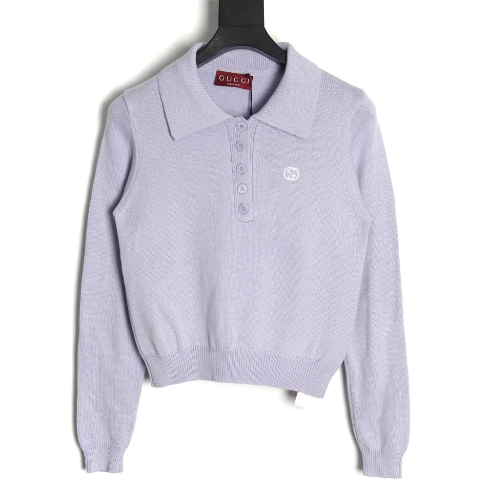 Gucci Double G embroidered lapel halfbreasted wool knit sweater,Gucci,GUC-25241215