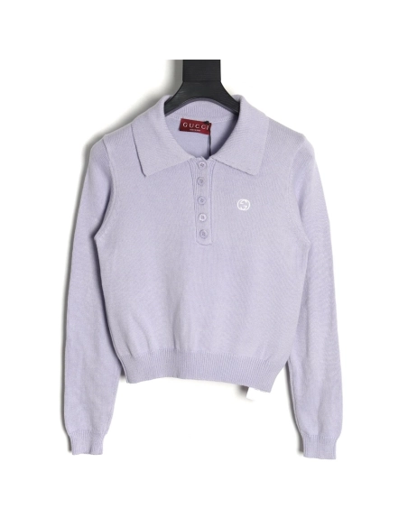 Gucci Double G embroidered lapel halfbreasted wool knit sweater,Gucci,GUC-25241215
