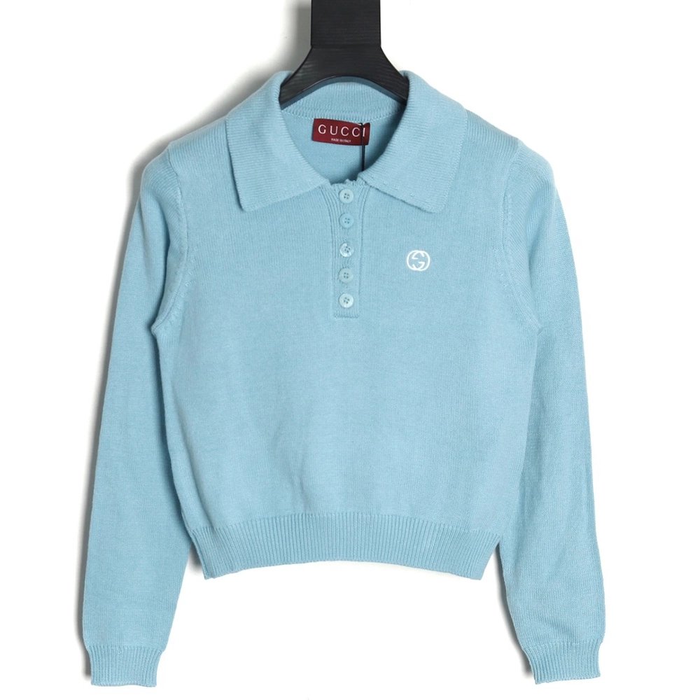 Gucci Double G embroidered lapel halfbreasted wool knit sweater,Gucci,GUC-26241215