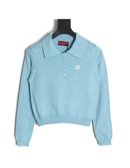 Gucci Double G embroidered lapel halfbreasted wool knit sweater,Gucci,GUC-26241215