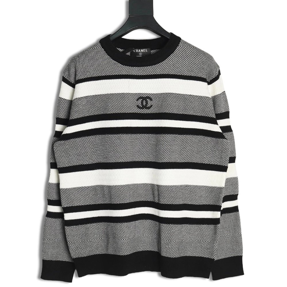 Chanel Double CC Logo Embroidered Striped Knitted Pullover,Chanel Sweatshirt,Sweatshirt,,Low Price High quality,Free Shipping to