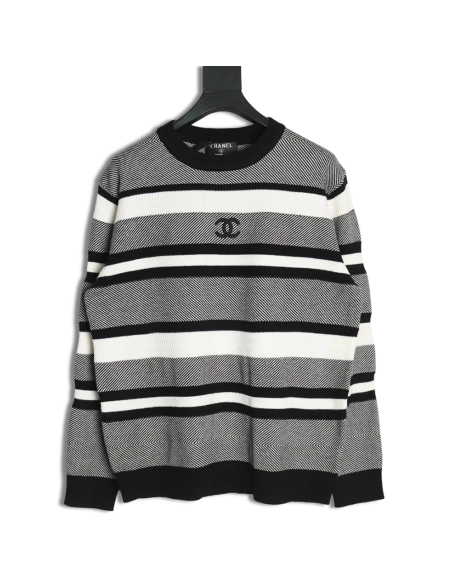 Chanel Double CC Logo Embroidered Striped Knitted Pullover,Chanel Sweatshirt,Sweatshirt,,Low Price High quality,Free Shipping to