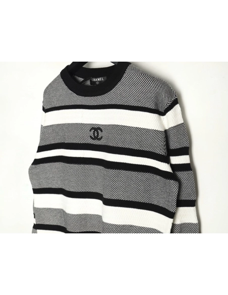 Chanel Double CC Logo Embroidered Striped Knitted Pullover,Chanel Sweatshirt,Sweatshirt,,Low Price High quality,Free Shipping to