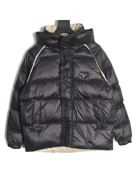 Prada metal triangle logo wide brim hooded down jacket,Prada Jacket,Jacket,APPAREL