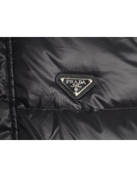 Prada metal triangle logo wide brim hooded down jacket,Prada Jacket,Jacket,APPAREL