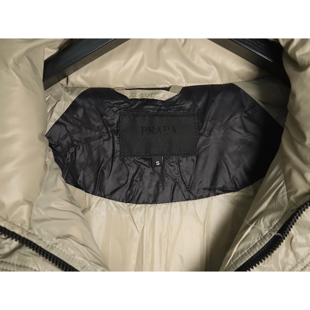 Prada metal triangle logo wide brim hooded down jacket,Prada Jacket,Jacket,APPAREL