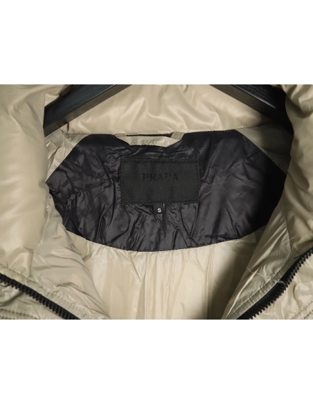Prada metal triangle logo wide brim hooded down jacket,Prada Jacket,Jacket,APPAREL