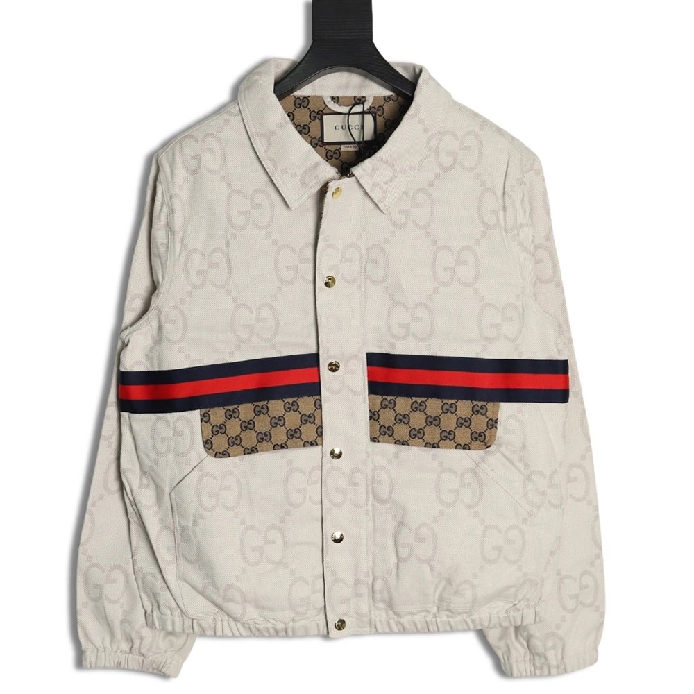 Gucci Double G allover jacquard patchwork ivory denim jacket,Gucci Jacket,Jacket,APPAREL