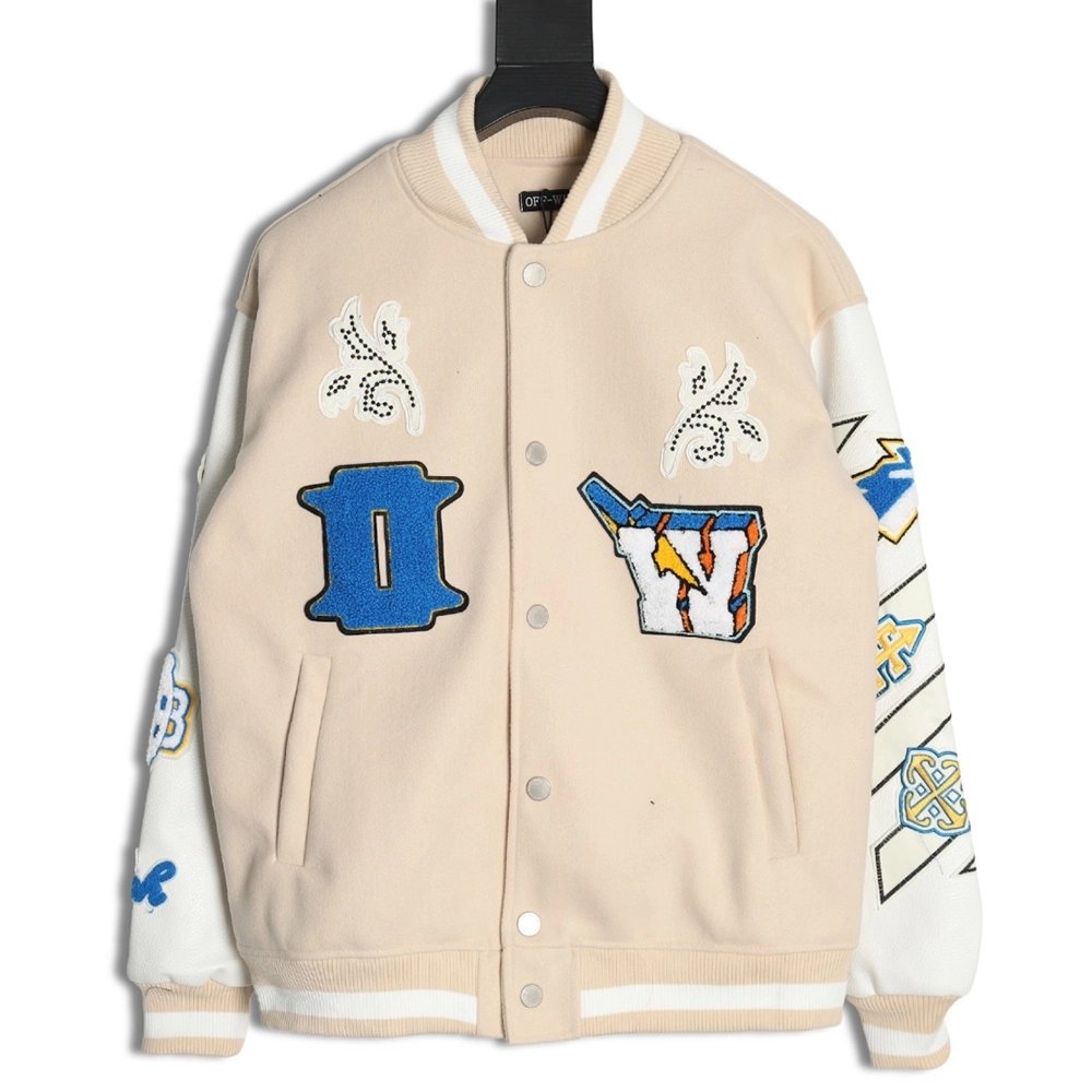 Off White Embroidered Rhinestone Baseball Jacket,Off White Jacket,Jacket,APPAREL