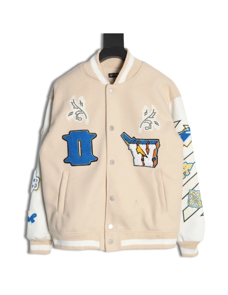Off White Embroidered Rhinestone Baseball Jacket,Off White Jacket,Jacket,APPAREL