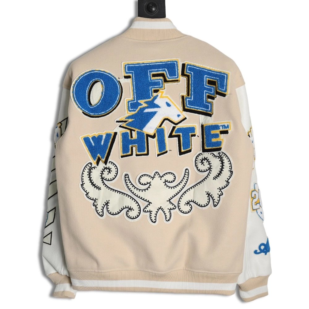 Off White Embroidered Rhinestone Baseball Jacket,Off White Jacket,Jacket,APPAREL