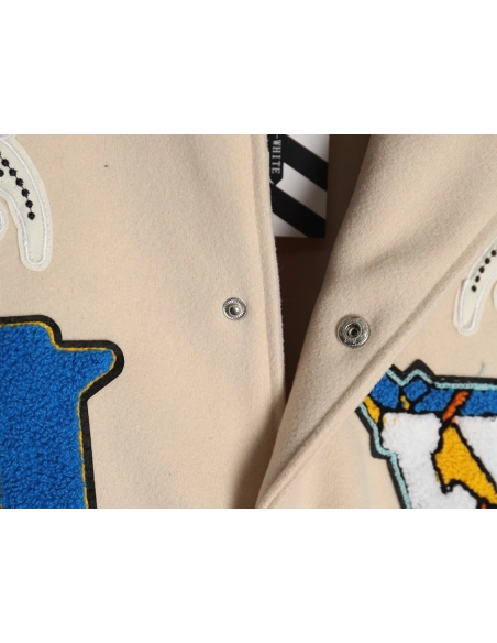 Off White Embroidered Rhinestone Baseball Jacket,Off White Jacket,Jacket,APPAREL
