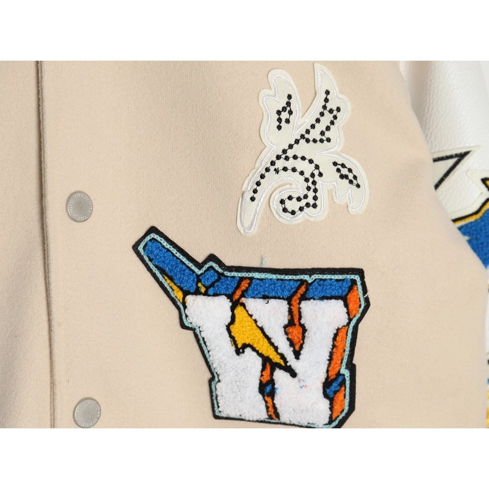 Off White Embroidered Rhinestone Baseball Jacket,Off White Jacket,Jacket,APPAREL