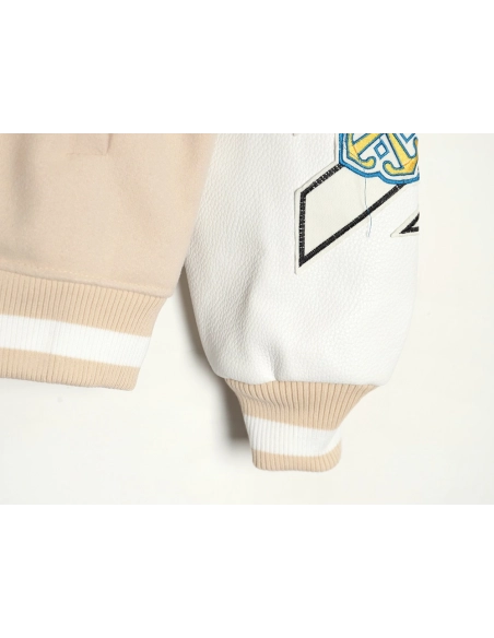 Off White Embroidered Rhinestone Baseball Jacket,Off White Jacket,Jacket,APPAREL