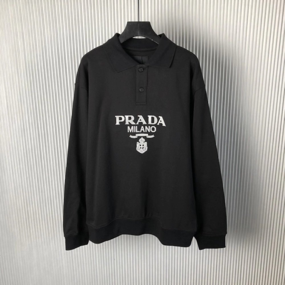 Prada Long-sleeved cotton polo shirt black,Prada Shirt,Shirt,Low price high quality.