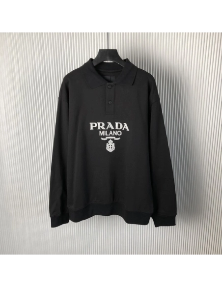 Prada Long-sleeved cotton polo shirt black,Prada Shirt,Shirt,Low price high quality.