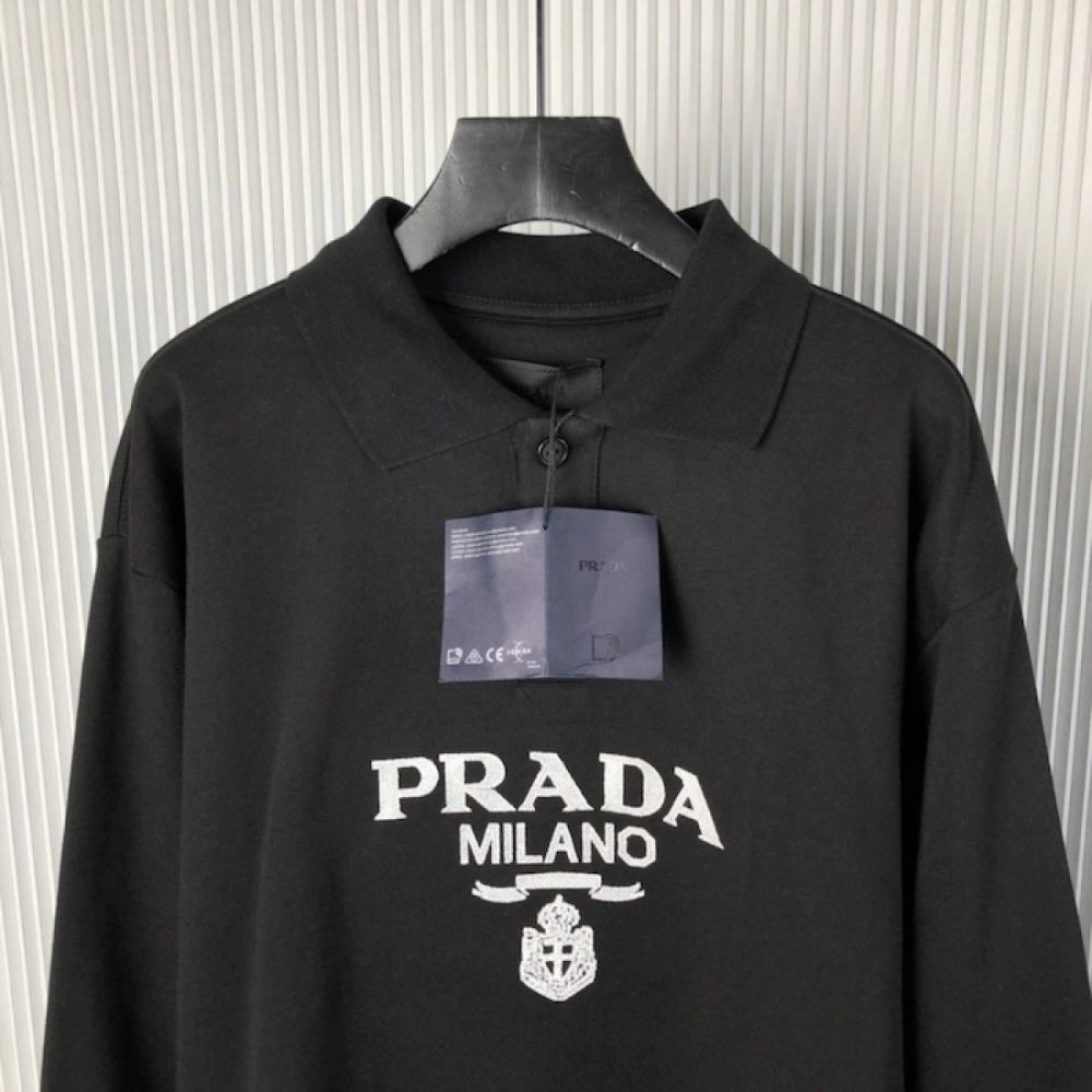 Prada Long-sleeved cotton polo shirt black,Prada Shirt,Shirt,Low price high quality.