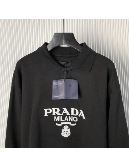 Prada Long-sleeved cotton polo shirt black,Prada Shirt,Shirt,Low price high quality.