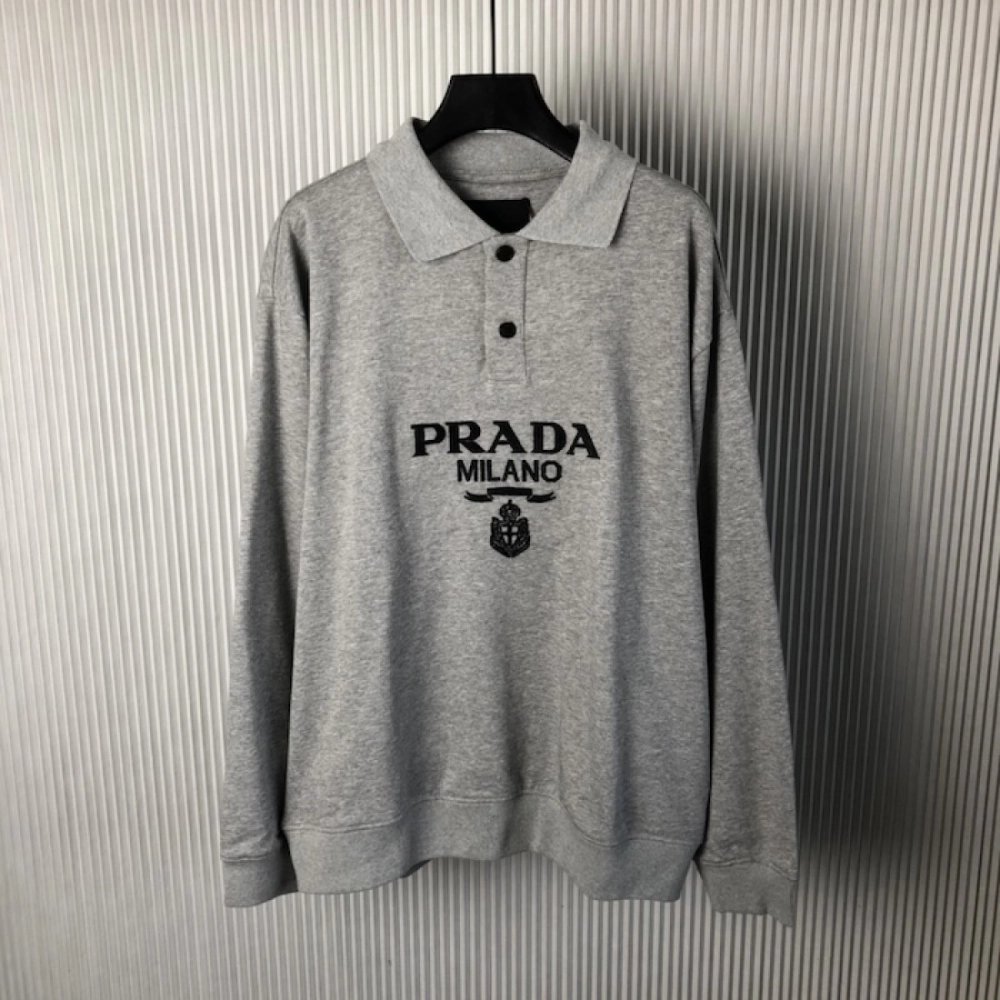 Prada Long-sleeved cotton polo shirt Marble Gray,Prada Shirt,Shirt,Low price high quality.