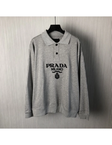 Prada Long-sleeved cotton polo shirt Marble Gray,Prada Shirt,Shirt,Low price high quality.