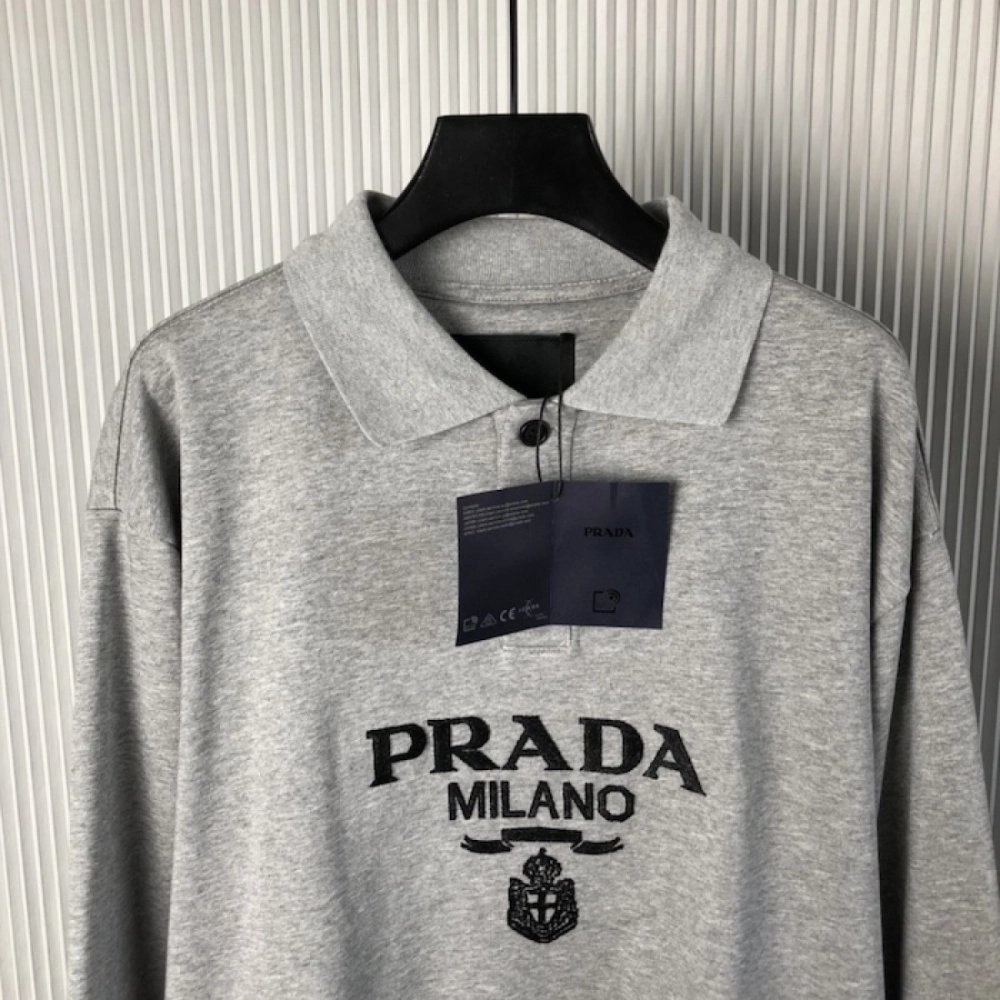 Prada Long-sleeved cotton polo shirt Marble Gray,Prada Shirt,Shirt,Low price high quality.