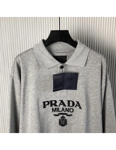 Prada Long-sleeved cotton polo shirt Marble Gray,Prada Shirt,Shirt,Low price high quality.