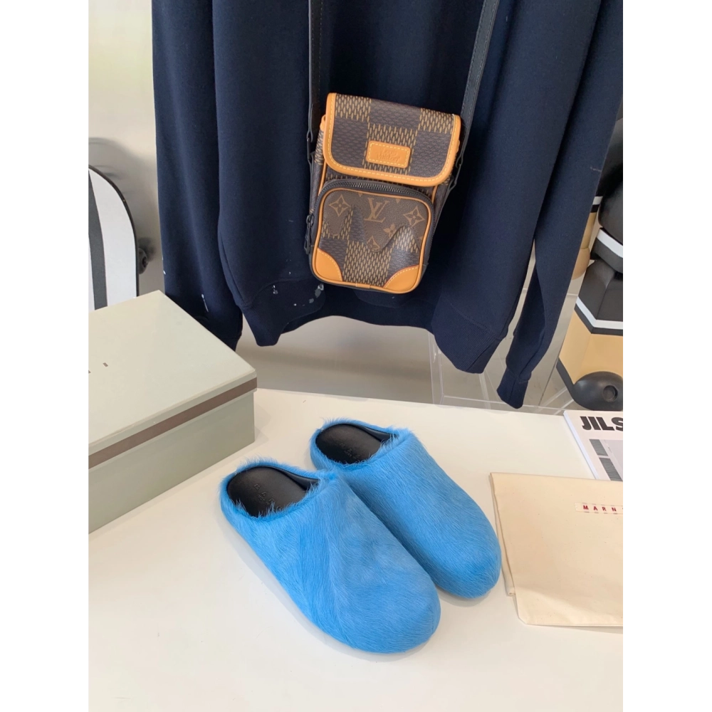 Marni Blue LONG-HAIR CALFSKIN FUSSBETT SABOT Slide,Marni Slide,Men Sneakers