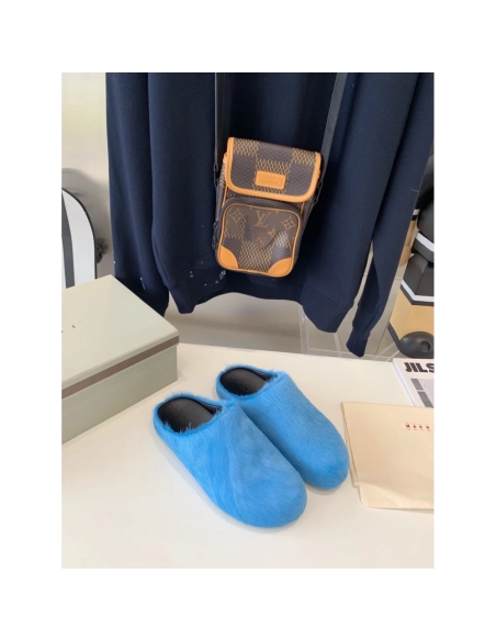 Marni Blue LONG-HAIR CALFSKIN FUSSBETT SABOT Slide,Marni Slide,Men Sneakers