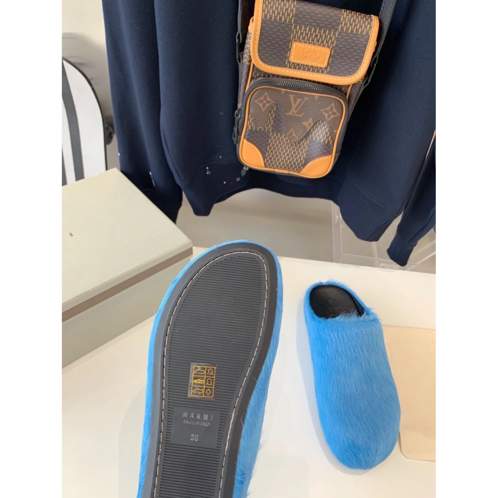 Marni Blue LONG-HAIR CALFSKIN FUSSBETT SABOT Slide,Marni Slide,Men Sneakers