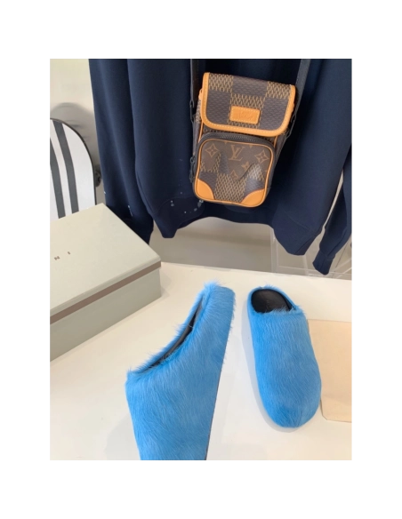 Marni Blue LONG-HAIR CALFSKIN FUSSBETT SABOT Slide,Marni Slide,Men Sneakers