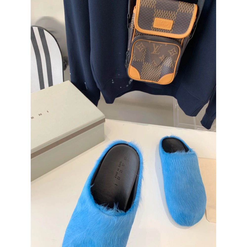 Marni Blue LONG-HAIR CALFSKIN FUSSBETT SABOT Slide,Marni Slide,Men Sneakers