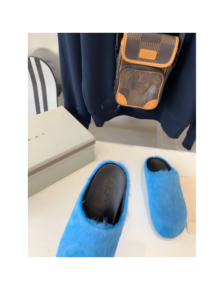 Marni Blue LONG-HAIR CALFSKIN FUSSBETT SABOT Slide,Marni Slide,Men Sneakers