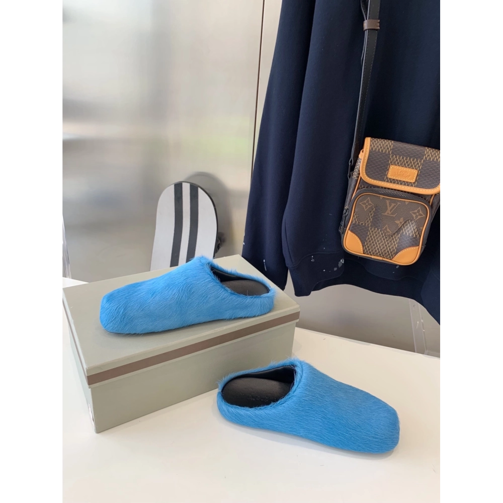 Marni Blue LONG-HAIR CALFSKIN FUSSBETT SABOT Slide,Marni Slide,Men Sneakers
