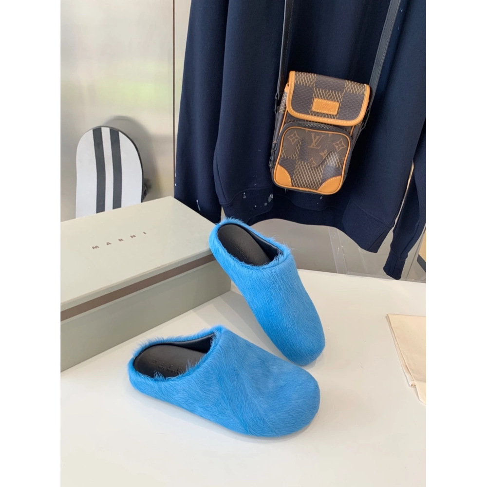 Marni Blue LONG-HAIR CALFSKIN FUSSBETT SABOT Slide,Marni Slide,Men Sneakers