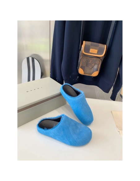 Marni Blue LONG-HAIR CALFSKIN FUSSBETT SABOT Slide,Marni Slide,Men Sneakers
