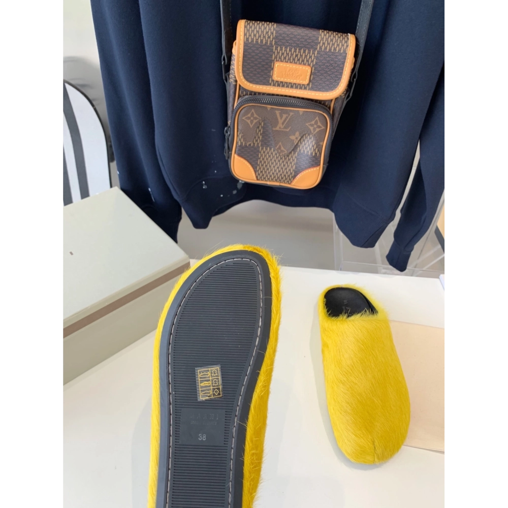 Marni Yellow LONG-HAIR CALFSKIN FUSSBETT SABOT Slide,Marni Slide,Men Sneakers