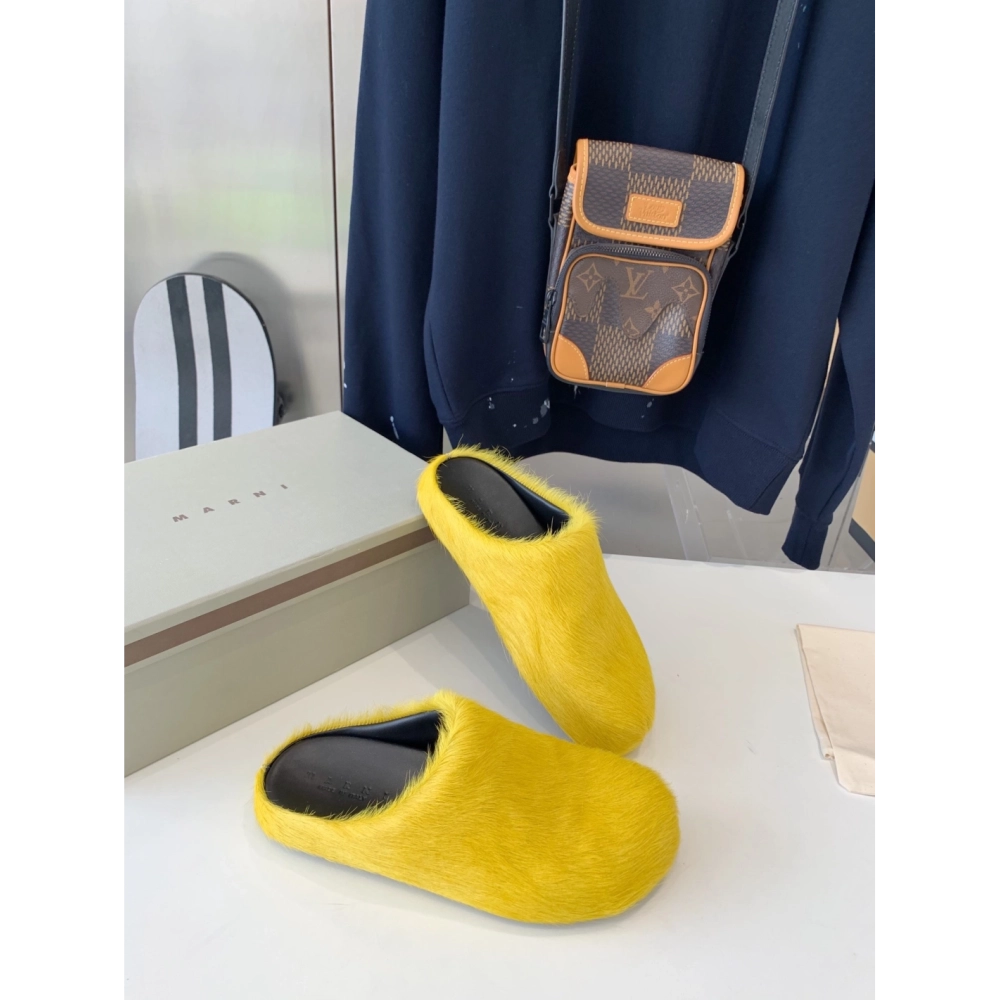 Marni Yellow LONG-HAIR CALFSKIN FUSSBETT SABOT Slide,Marni Slide,Men Sneakers