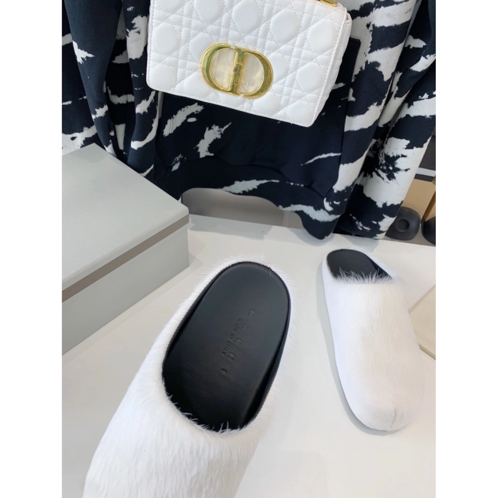Marni White LONG-HAIR CALFSKIN FUSSBETT SABOT Slide,Marni Slide,Men Sneakers
